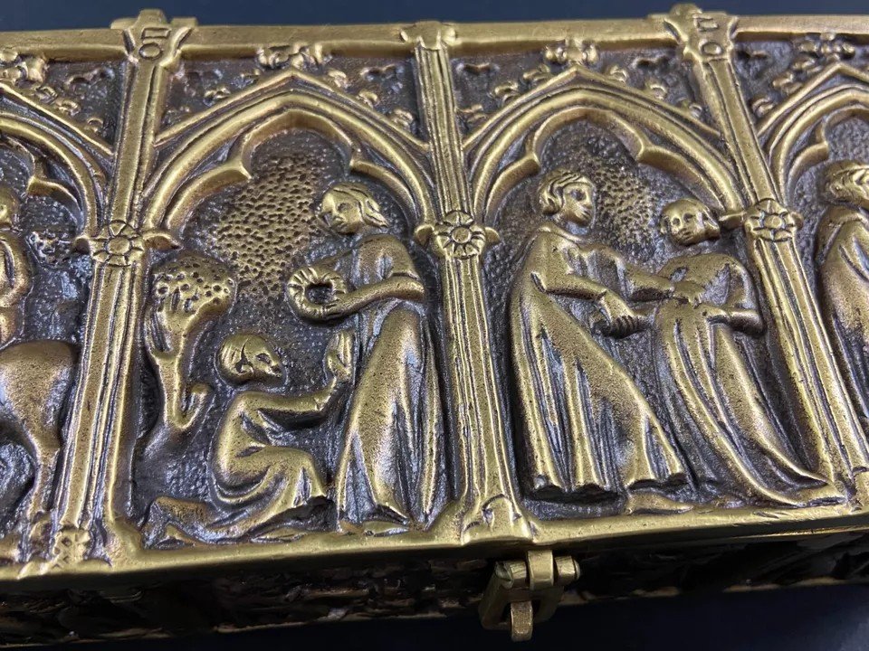 Large Rectangular Bronze Box In Neo-gothic Style, Pair Possible-photo-3