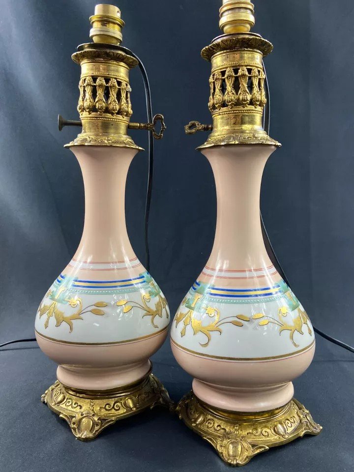 Pair Of Old Paris Porcelain Lamps On Bronze Louis-philippe Period 1830-photo-4