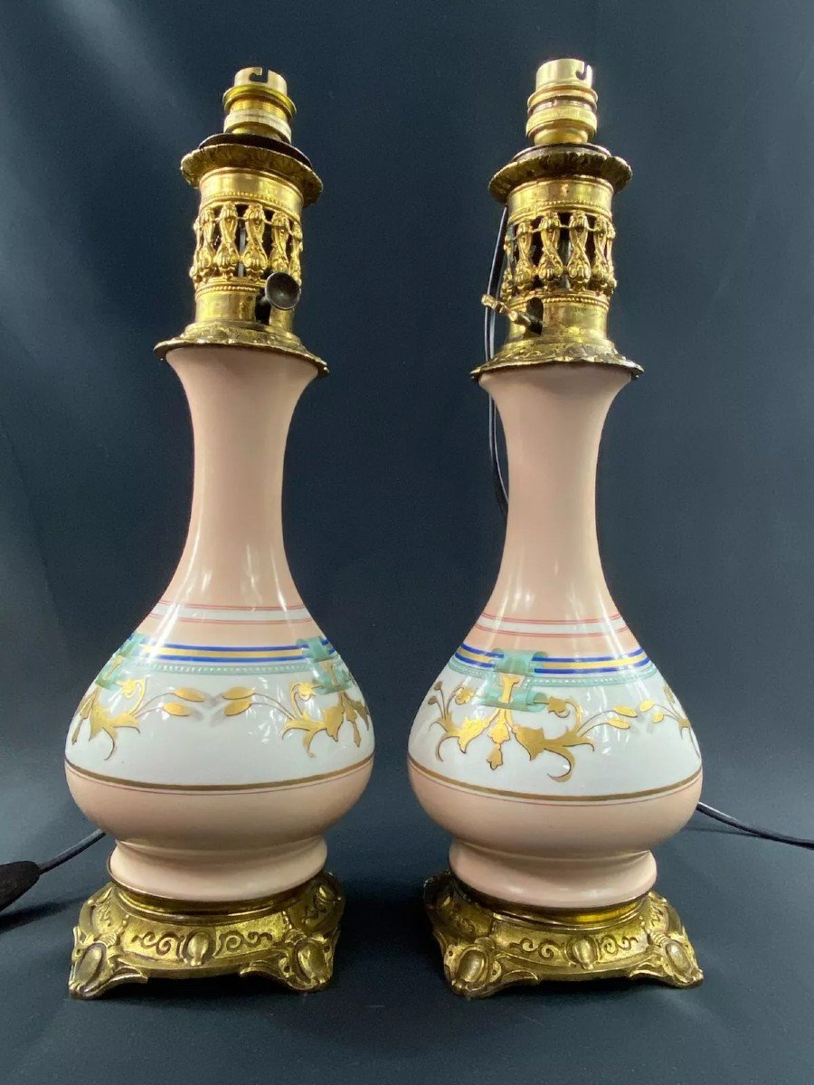 Pair Of Old Paris Porcelain Lamps On Bronze Louis-philippe Period 1830