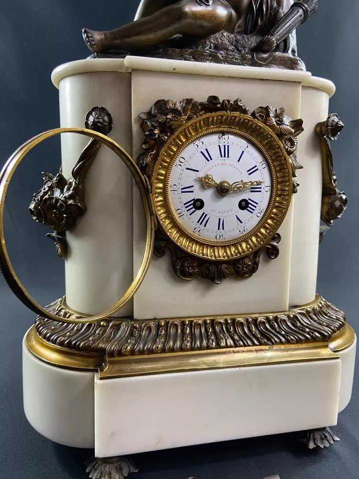 Mid-19th Century Carrara Marble Pendulum Topped With A Bronze Angel Cherub-photo-4