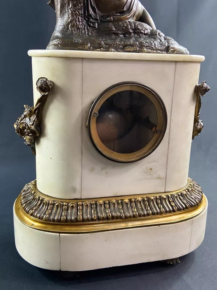 Mid-19th Century Carrara Marble Pendulum Topped With A Bronze Angel Cherub-photo-8