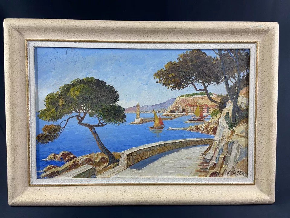 Tableau Signé Xavier Sager 1881-1969 Route De Nice Vue Sur Port Paire Possible-photo-2