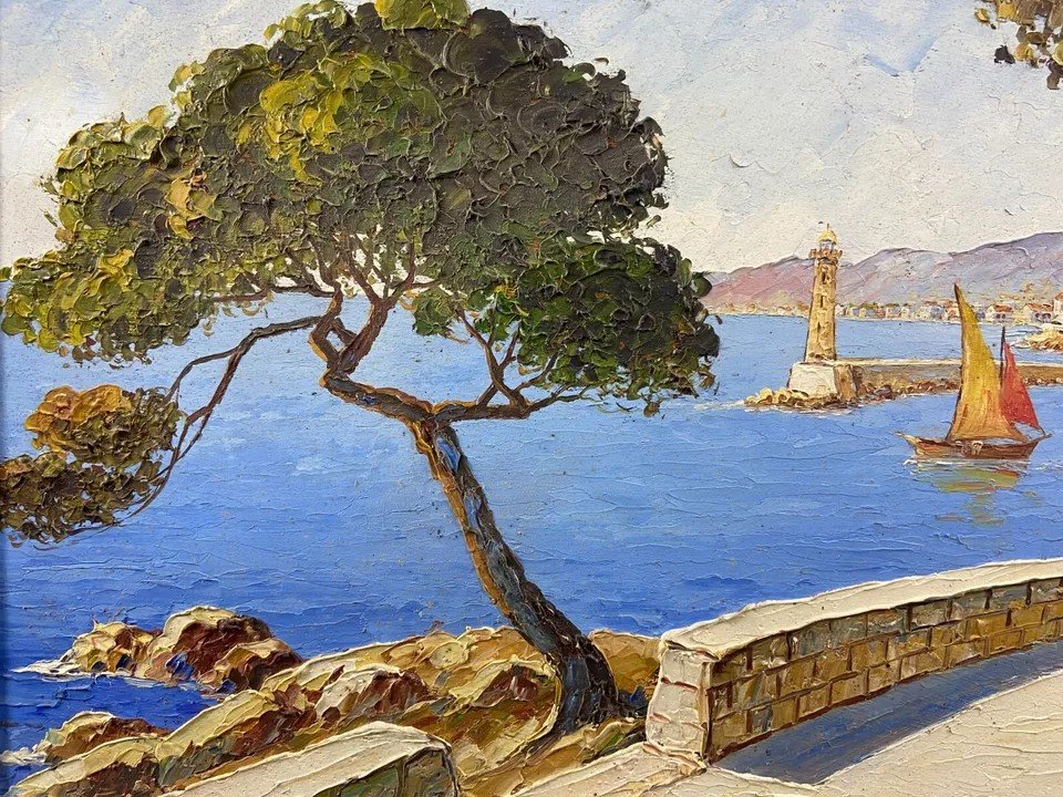 Tableau Signé Xavier Sager 1881-1969 Route De Nice Vue Sur Port Paire Possible-photo-3