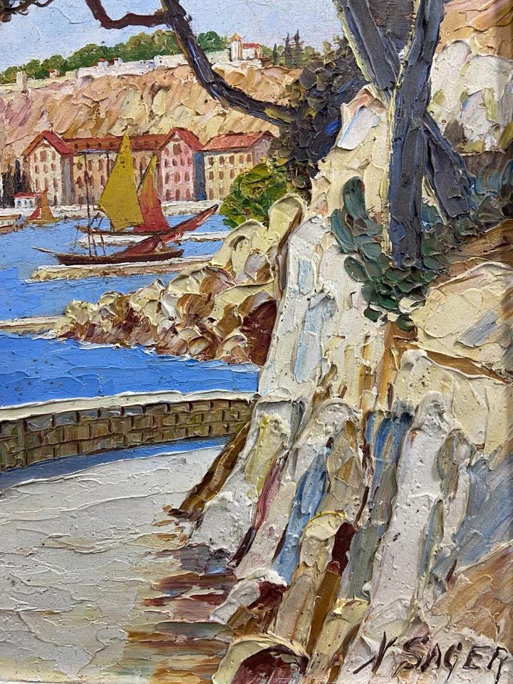 Tableau Signé Xavier Sager 1881-1969 Route De Nice Vue Sur Port Paire Possible-photo-1