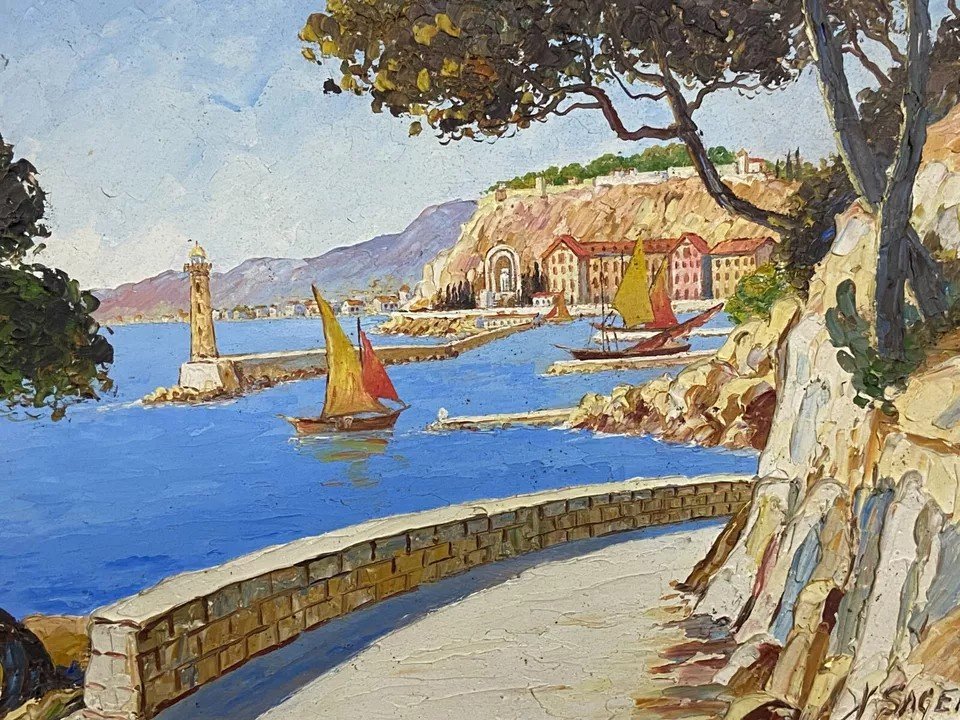 Tableau Signé Xavier Sager 1881-1969 Route De Nice Vue Sur Port Paire Possible-photo-5