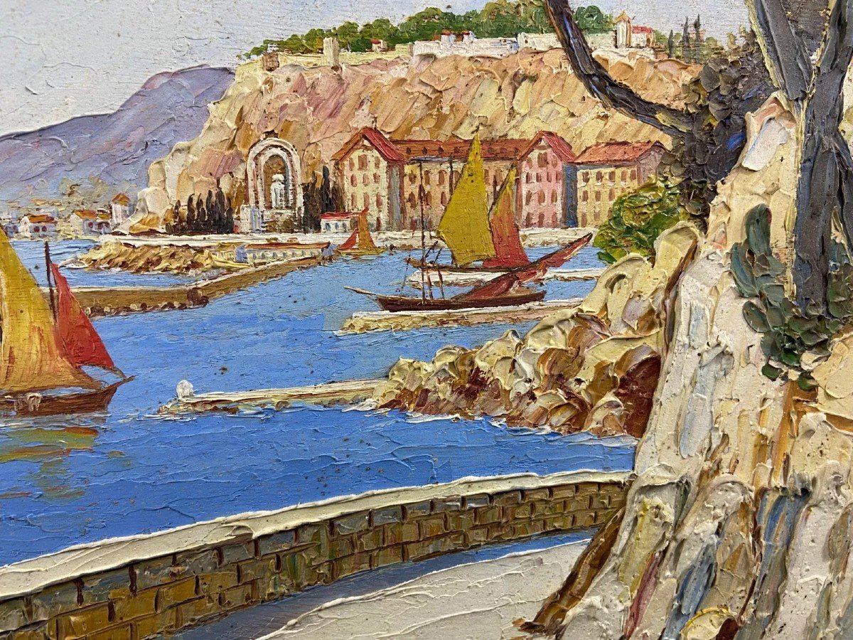 Tableau Signé Xavier Sager 1881-1969 Route De Nice Vue Sur Port Paire Possible