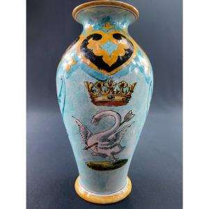 Blois Earthenware Vase Signed Ulysse Bruneau Balon Decorated With Swan And Crown