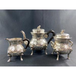 Selfish Tea Coffee Service In Silver Metal Rocaille Louis XV Teapot Sugar Bowl Pot