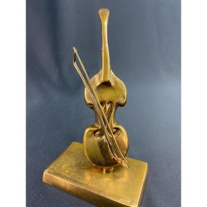 Sujet Sculpté Au Violoncelle Violon En Bronze Signé Yves Lohé