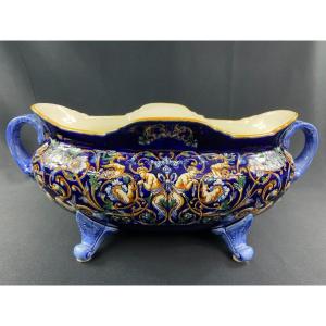 Large Gien Earthenware Table Planter Renaissance Decor On Blue Background