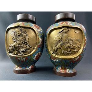 Pair Of Cloisonne Enamel Vases On Japanese Bronze Decor With Samurai And Birds