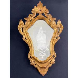 Venetian Eglomisé Mirror With Elegant Carved Gilded Wood Frame, 18th-19th Century