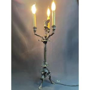 Large Bronze Candelabra With 3 Arms Of Lights, 19th Century, Heron Surmounting A Turtle