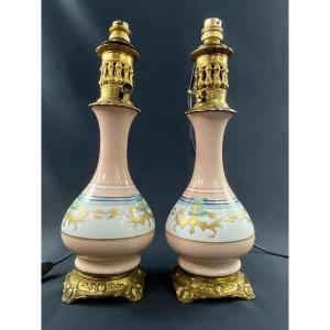 Pair Of Old Paris Porcelain Lamps On Bronze Louis-philippe Period 1830