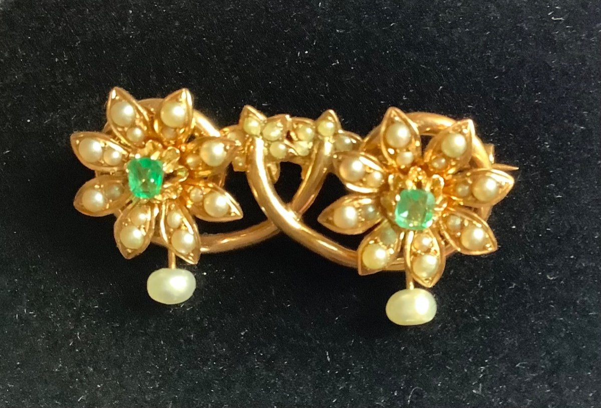 Gold Brooch, Fine Pearls, Emeralds -photo-3