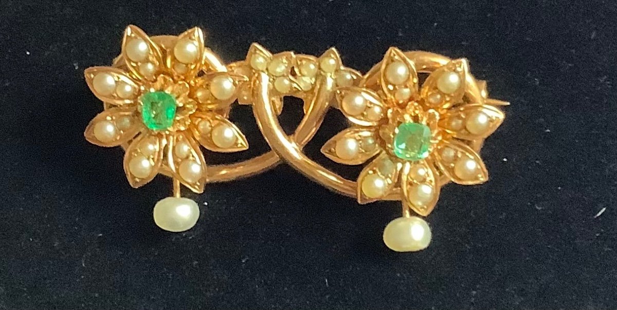 Gold Brooch, Fine Pearls, Emeralds 