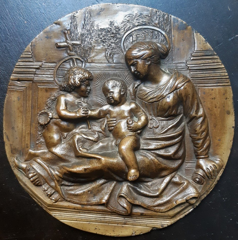 Relief En Bronze d'époque XVIIe - Vierge à l'Enfant Et Saint Jean Baptiste - Plaquette-photo-2