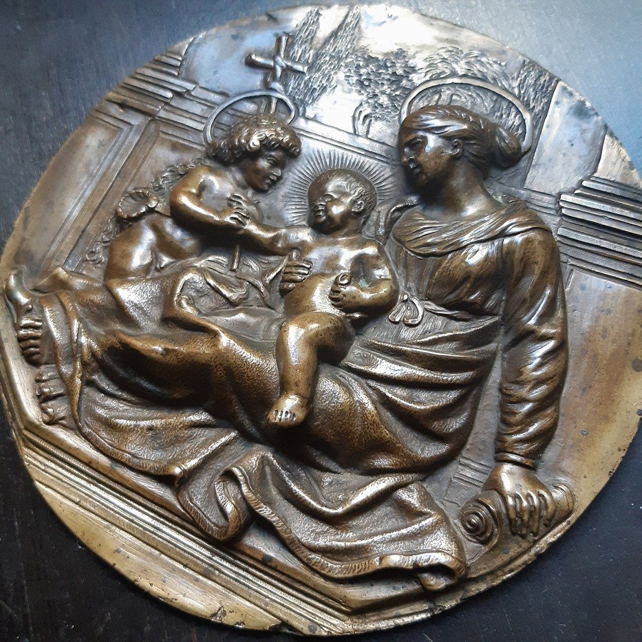 Relief En Bronze d'époque XVIIe - Vierge à l'Enfant Et Saint Jean Baptiste - Plaquette-photo-1