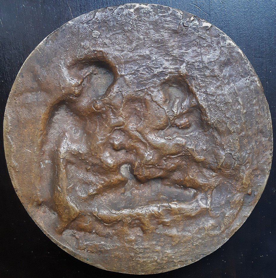Relief En Bronze d'époque XVIIe - Vierge à l'Enfant Et Saint Jean Baptiste - Plaquette -photo-3