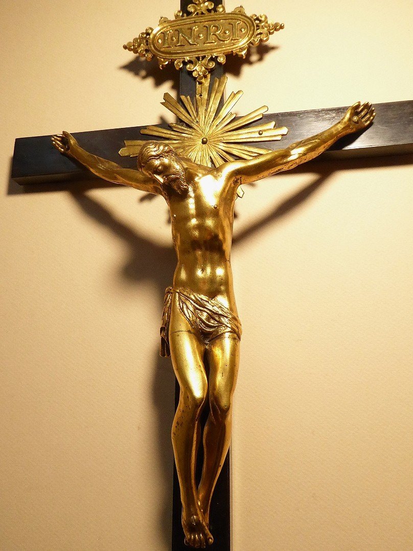 Crucifix En Bronze Doré Et Placage d'ébène - époque XVIIe Siècle - Vanité - Christ-photo-2