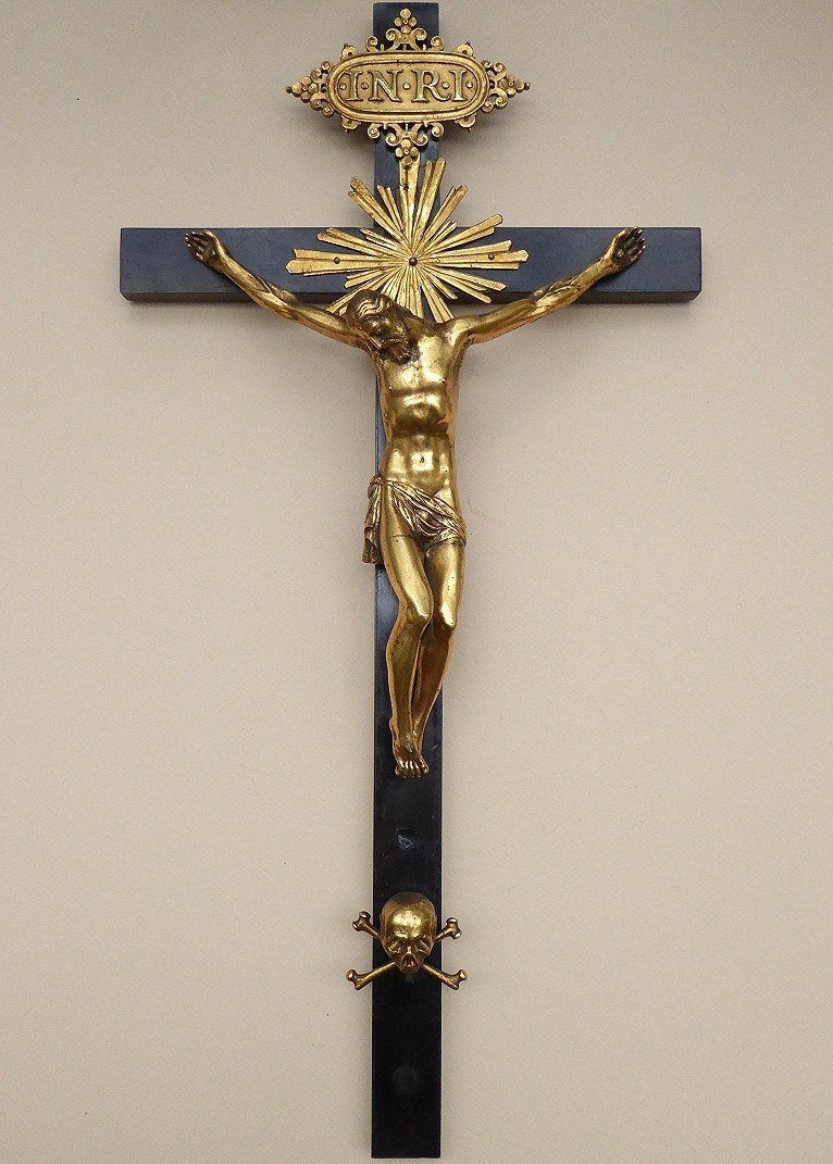 Crucifix En Bronze Doré Et Placage d'ébène - époque XVIIe Siècle - Vanité - Christ-photo-1