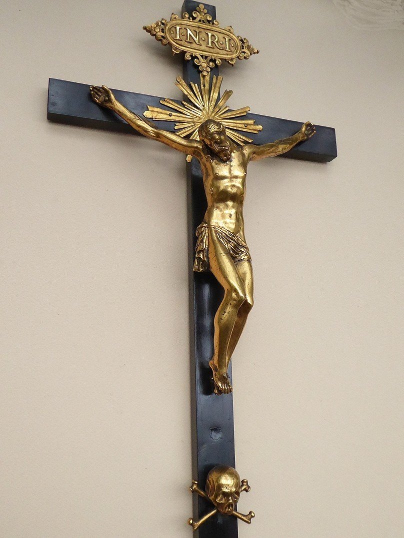 Crucifix En Bronze Doré Et Placage d'ébène - époque XVIIe Siècle - Vanité - Christ-photo-2