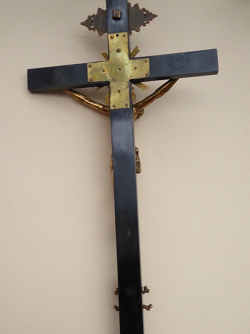 Crucifix In Gilt Bronze And Ebony Veneer - 17th Century Period - Vanity - Christ-photo-3