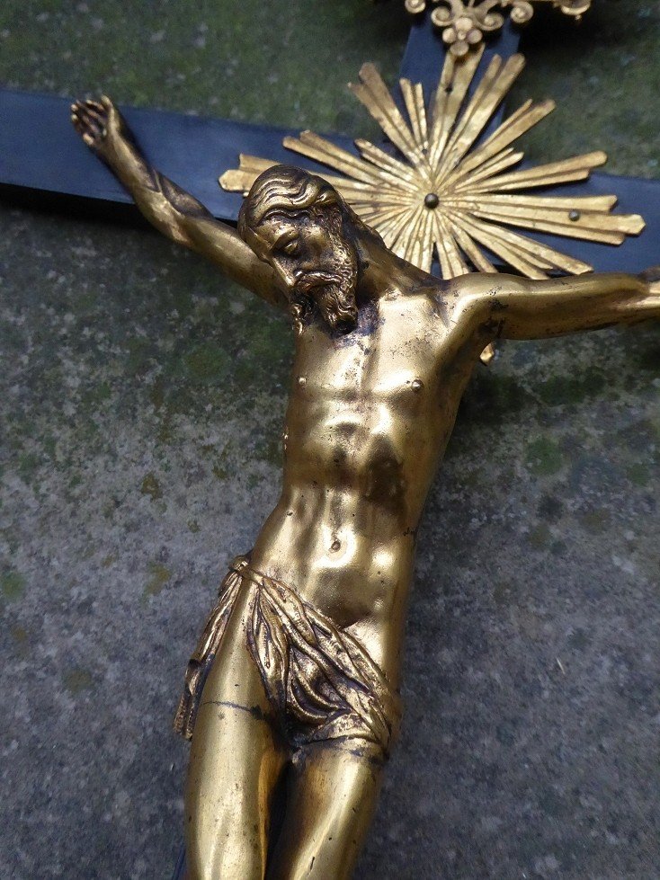 Crucifix En Bronze Doré Et Placage d'ébène - époque XVIIe Siècle - Vanité - Christ-photo-4