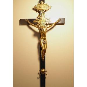 Crucifix In Gilt Bronze And Ebony Veneer - 17th Century Period - Vanity - Christ