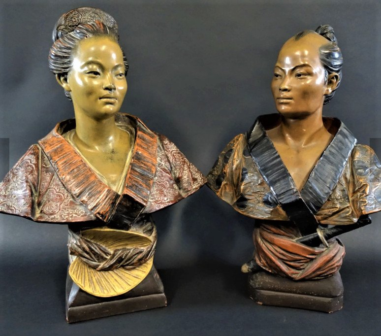 Couple De Japonais - René Charles Masse (1855-1913) -  Bustes Polychromés