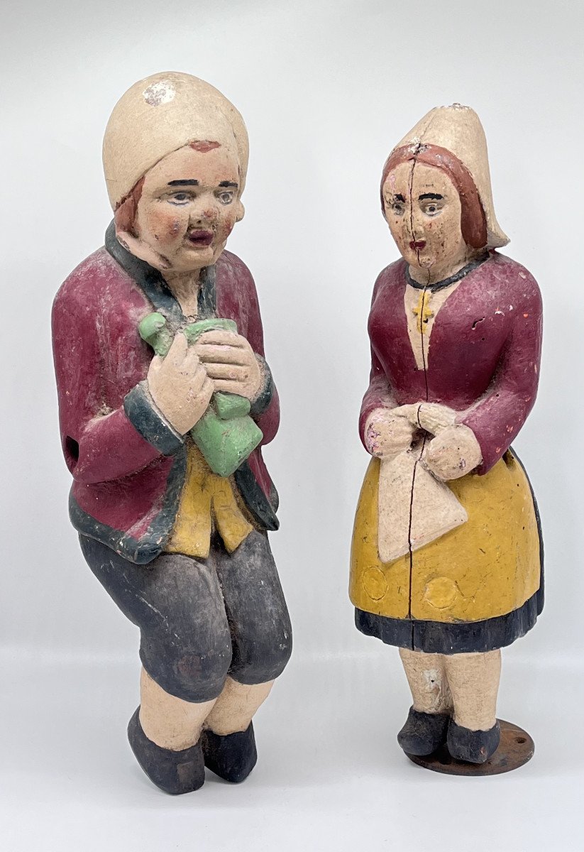 Art  Forain - Alsace Ou Flamand - Couple En Bois Sculpté Polychrome - Fin 19ème Début 20ème.