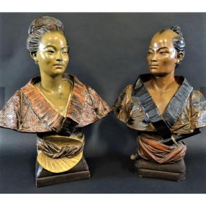 Couple De Japonais - René Charles Masse (1855-1913) -  Bustes Polychromés