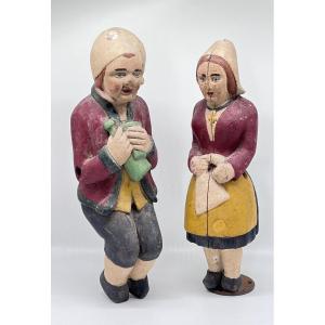 Enseigne d’’Auberge - Couple En Bois Sculpté Polychrome - Fin 19ème Début 20ème.