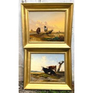 Pair Of 19th Century Paintings - Cow And Her Calf / Ram And Sheep - Herment Victor 1801-1858