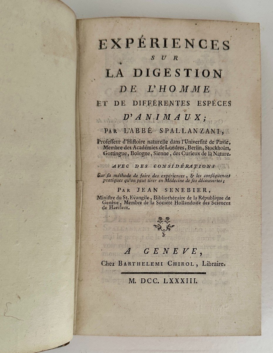 Spallanzani Expériences Sur La Digestion De l'Homme  1783 Senebier 1ère édition En Français