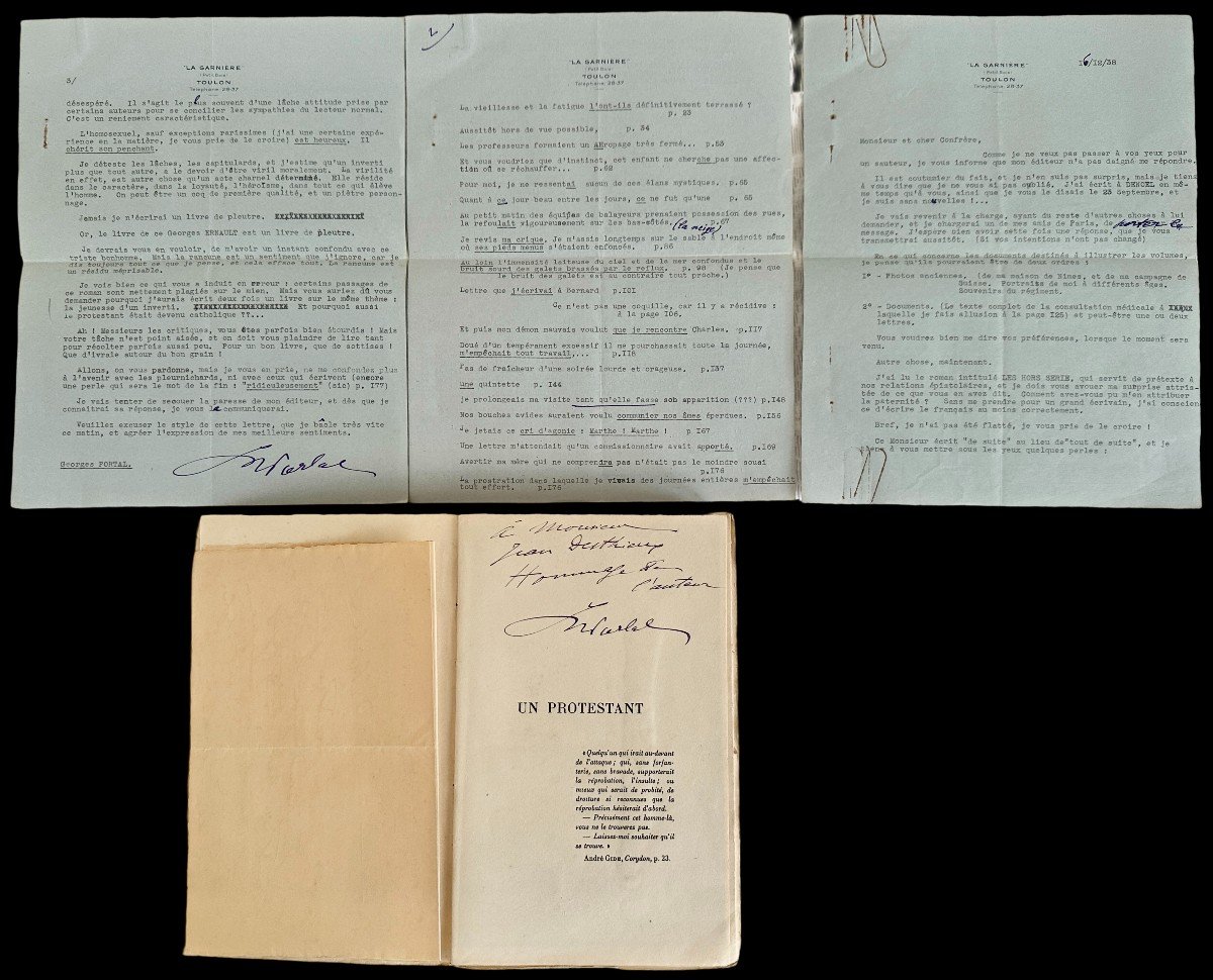 Georges Portal Rare Set Of Autograph Letters And Novel The Protestant In Original Edition