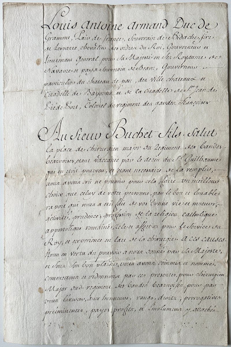 1733 Duc Antoine De Gramont Nomme Buchet  Chirurgien Major Au Régiment Des Bandes Béarnaises 