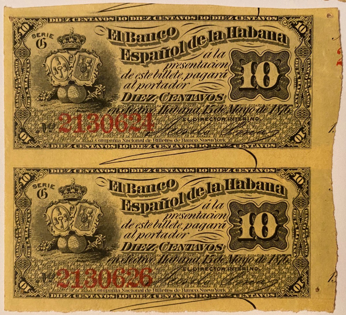 Planche Non Coupé De 2 Billets De 10 Centavos Du 15 Mai 1876 Banco Español De La Habana à Cuba 