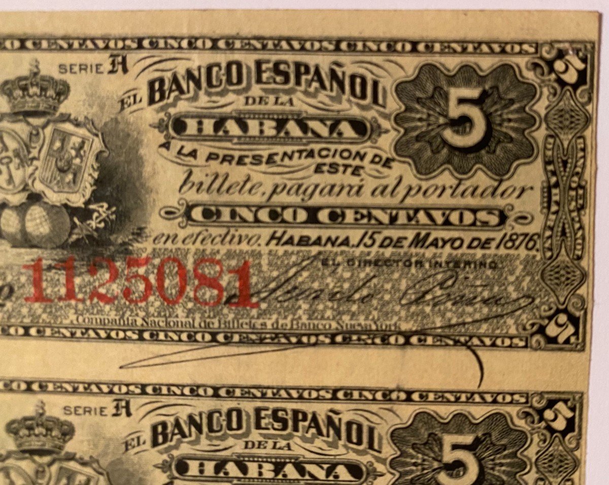 Planche Non Coupé De 2 Billets De 5 Centavos Du 15 Mai 1876 Banco Español De La Habana à Cuba-photo-2