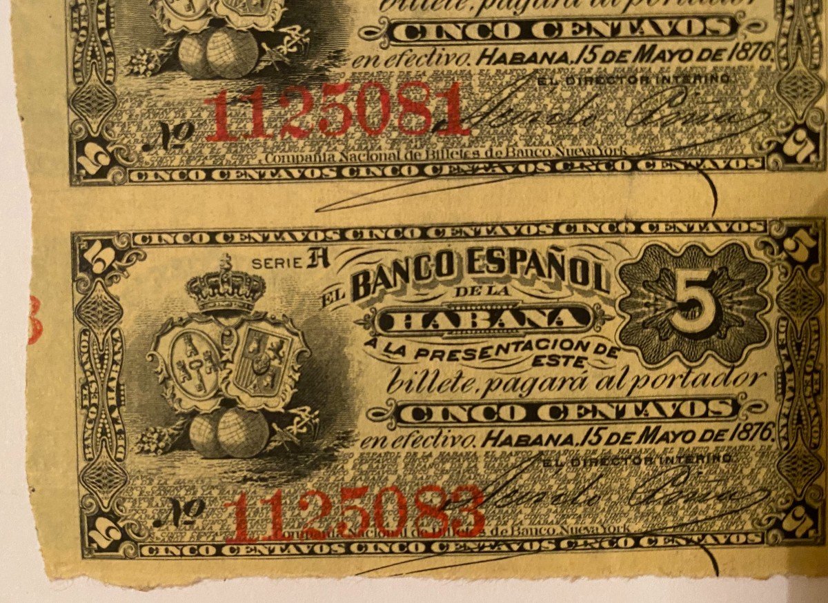 Planche Non Coupé De 2 Billets De 5 Centavos Du 15 Mai 1876 Banco Español De La Habana à Cuba-photo-3