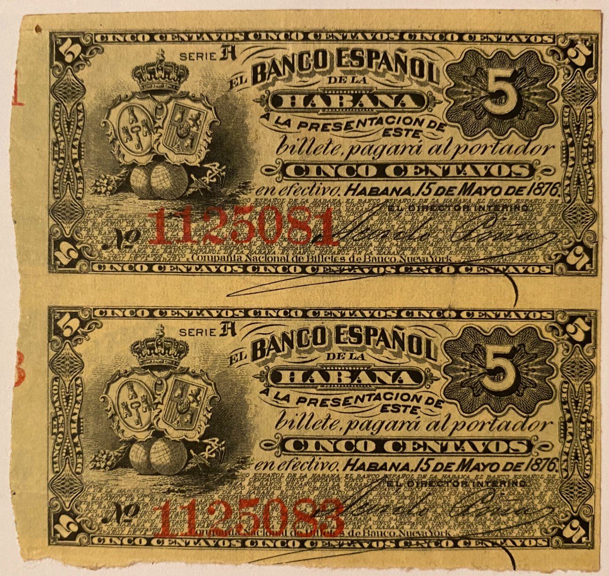 Planche Non Coupé De 2 Billets De 5 Centavos Du 15 Mai 1876 Banco Español De La Habana à Cuba