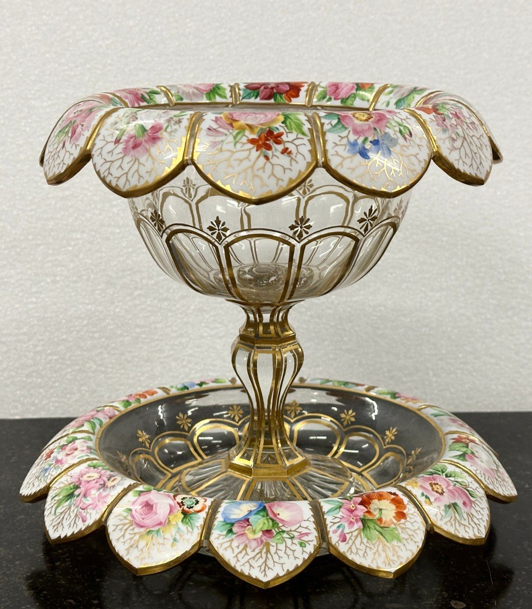 Rare And Large Cup And Saucer In Enameled And Gilded Bohemian Crystal, 19th Century -photo-2