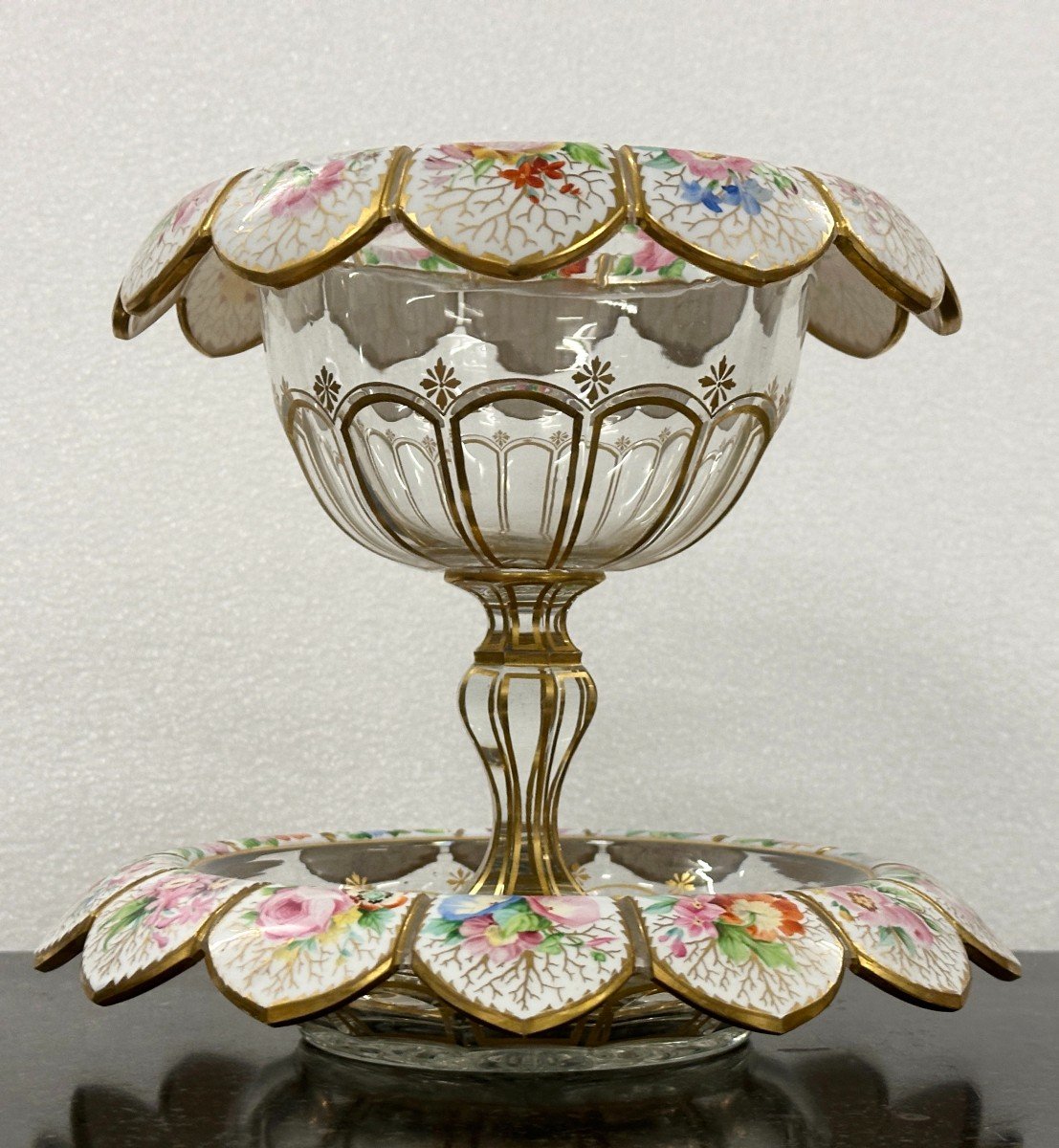 Rare And Large Cup And Saucer In Enameled And Gilded Bohemian Crystal, 19th Century -photo-1