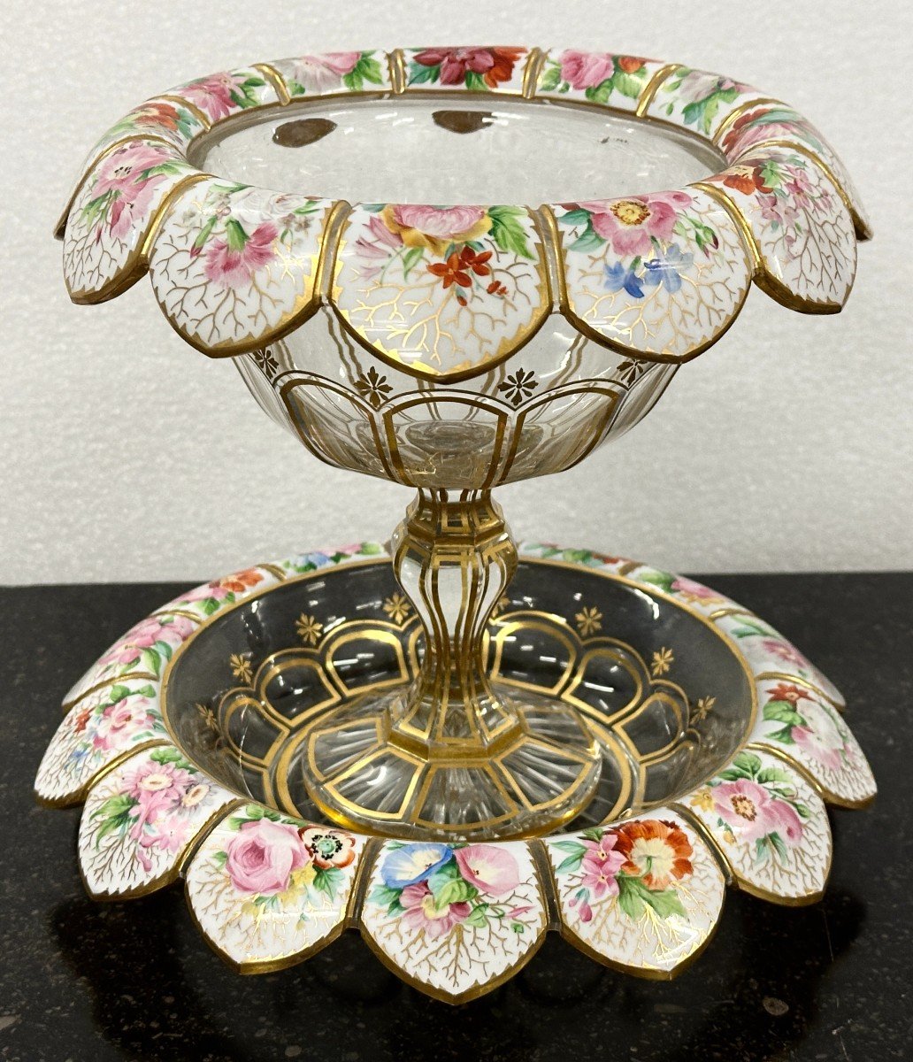 Rare And Large Cup And Saucer In Enameled And Gilded Bohemian Crystal, 19th Century 