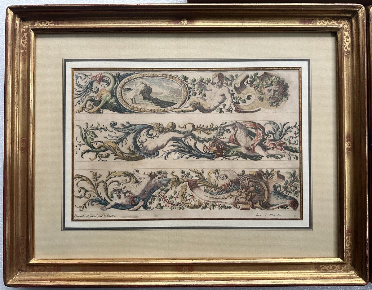 Jean Le Pautre 3 Original Proofs Circa 1680 Architectural Ornaments With Gilded Frames-photo-2