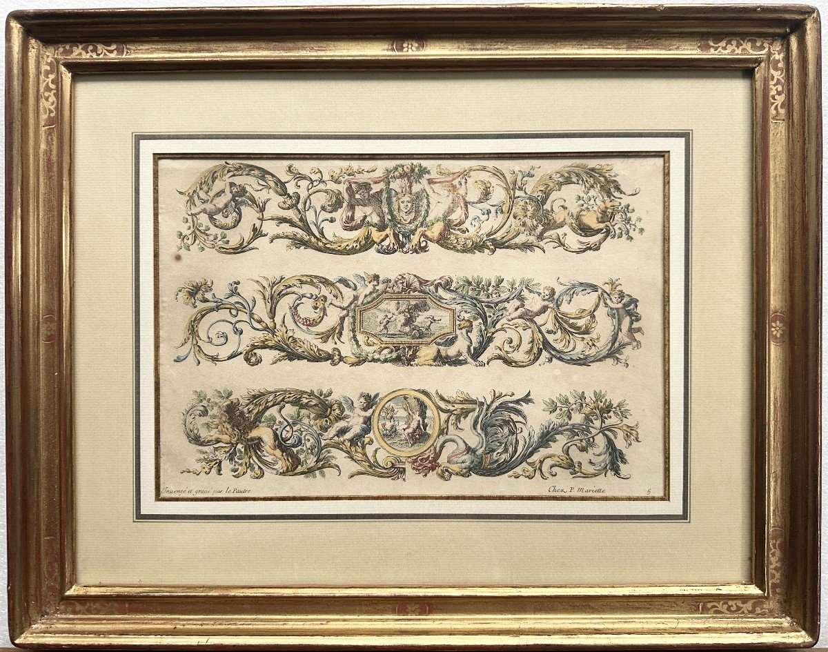 Jean Le Pautre 3 Original Proofs Circa 1680 Architectural Ornaments With Gilded Frames-photo-3