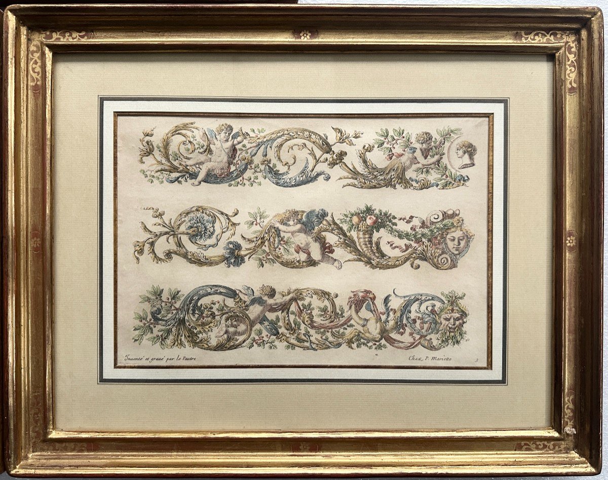 Jean Le Pautre 3 Original Proofs Circa 1680 Architectural Ornaments With Gilded Frames-photo-4