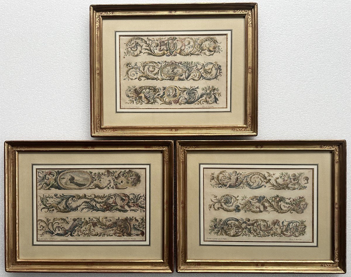 Jean Le Pautre 3 Original Proofs Circa 1680 Architectural Ornaments With Gilded Frames