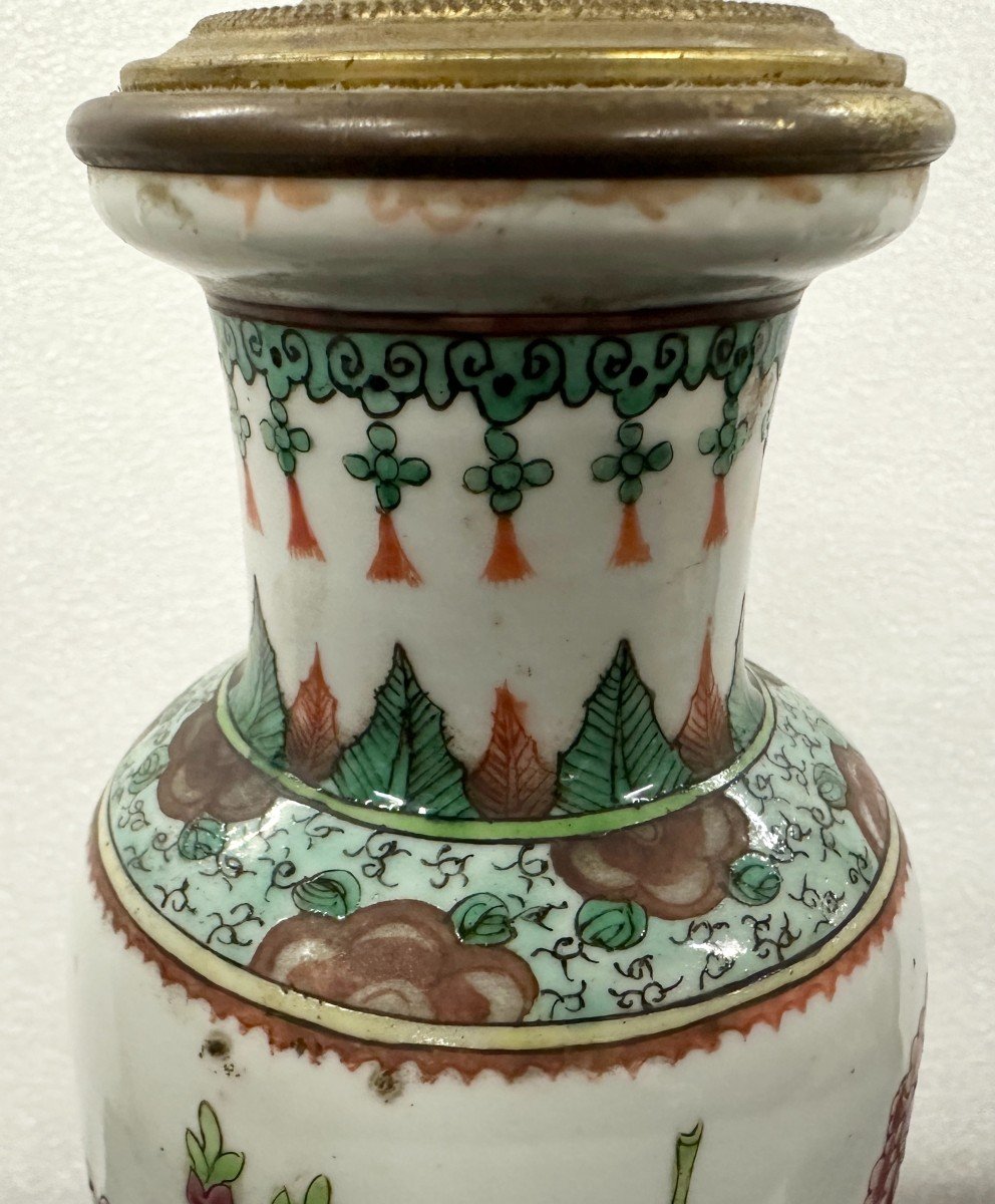 Beautiful 19th Century Chinese Porcelain Scroll Vase With Enamel Mounted As A Lamp-photo-3