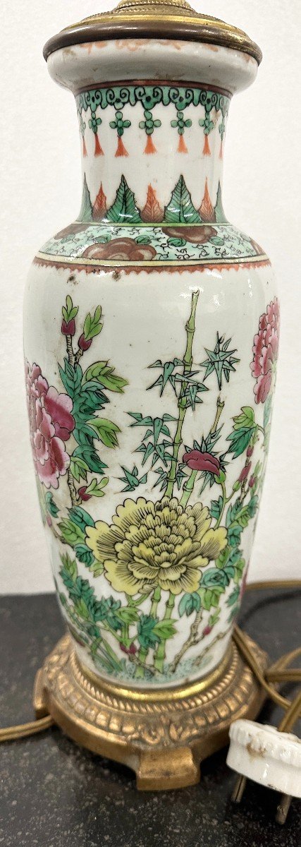 Beautiful 19th Century Chinese Porcelain Scroll Vase With Enamel Mounted As A Lamp